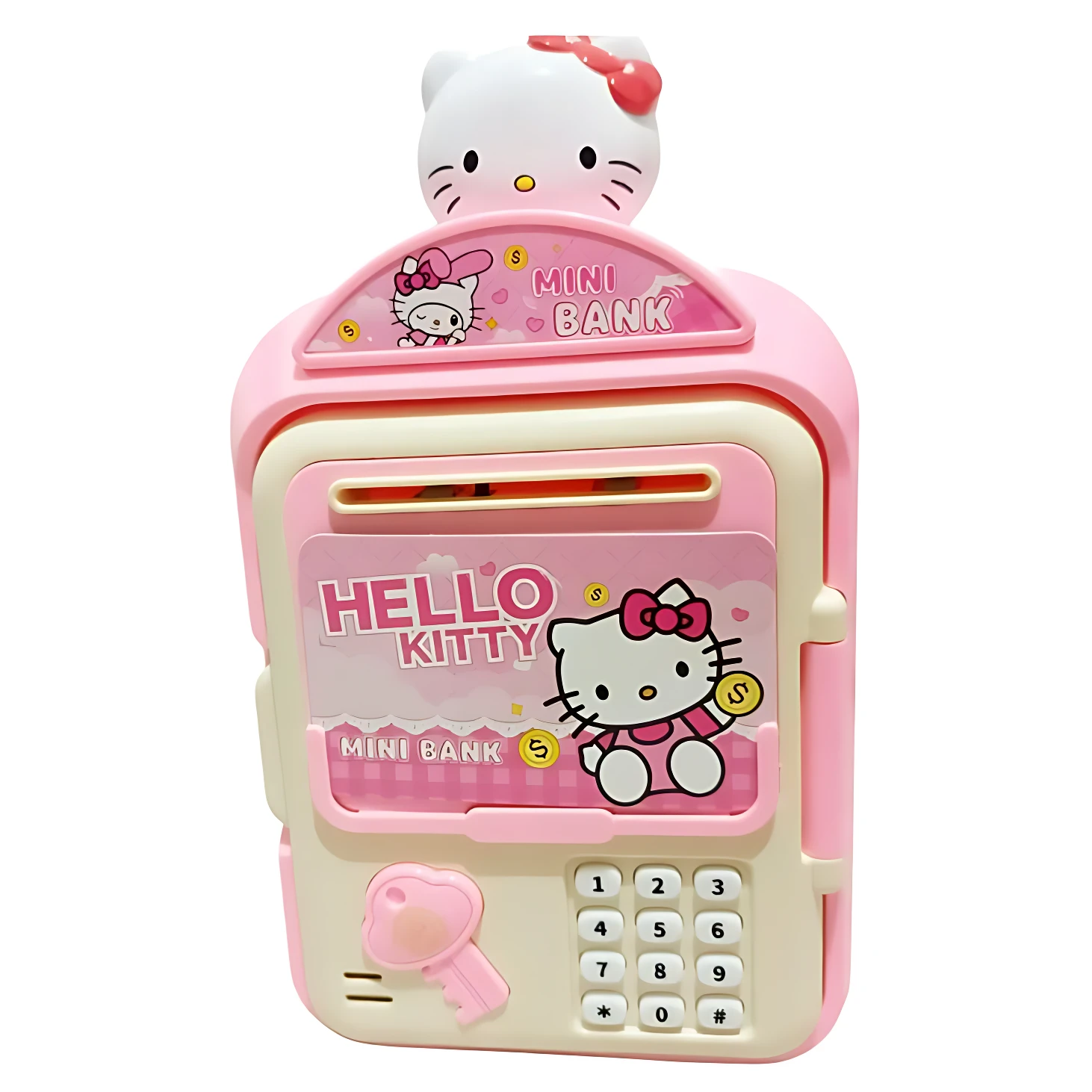 Alcancía tipo cajero electrónico en rosa con figura de Hello Kitty en la parte superior, teclado numérico y ranura para monedas.
