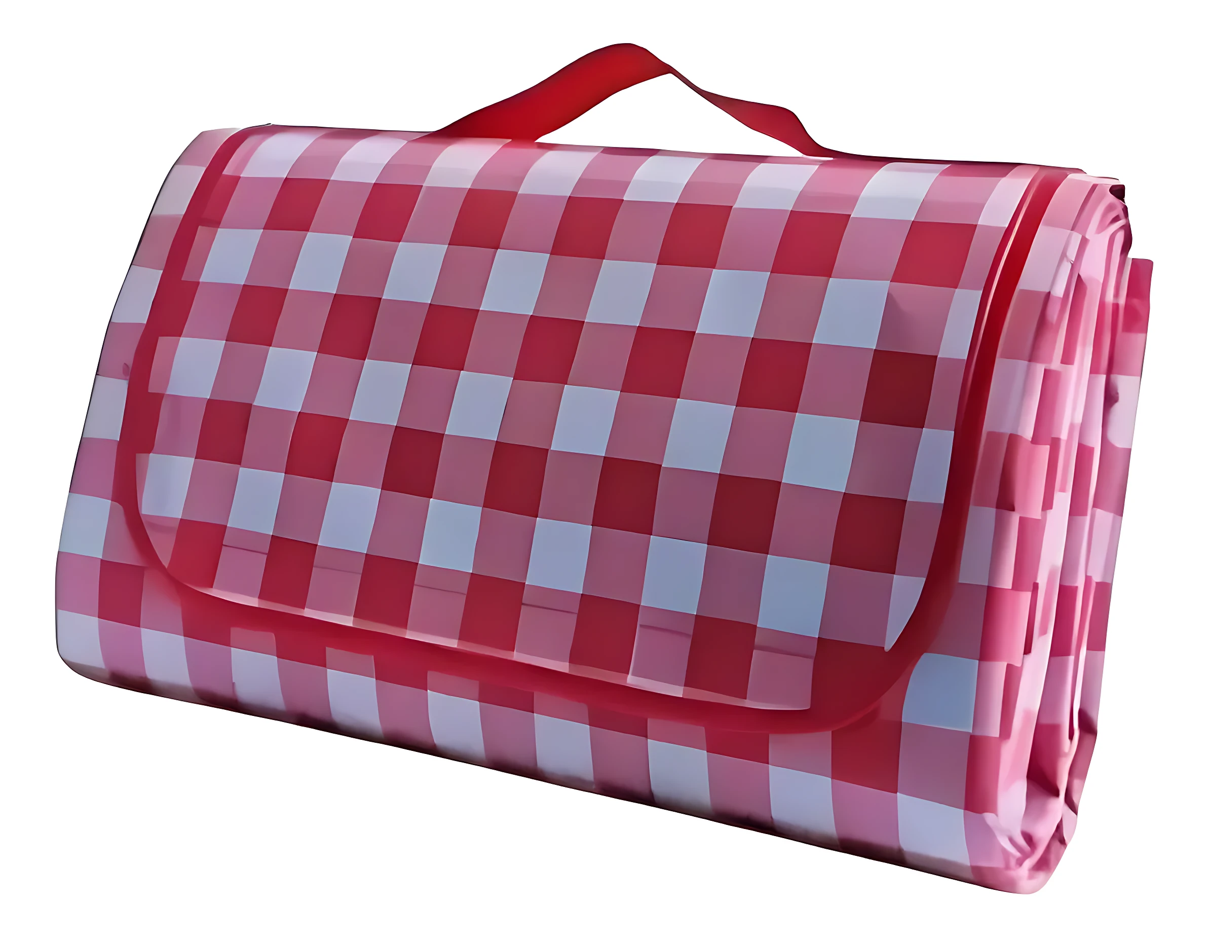 Alfombra de picnic enrollada con diseño a cuadros rojos y blancos, incluye asa roja para transporte.