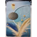 Alfombra tapete 3D piel de durazno con diseño abstracto en tonos azul, dorado y blanco, detalles de plumas y esferas colgantes.
