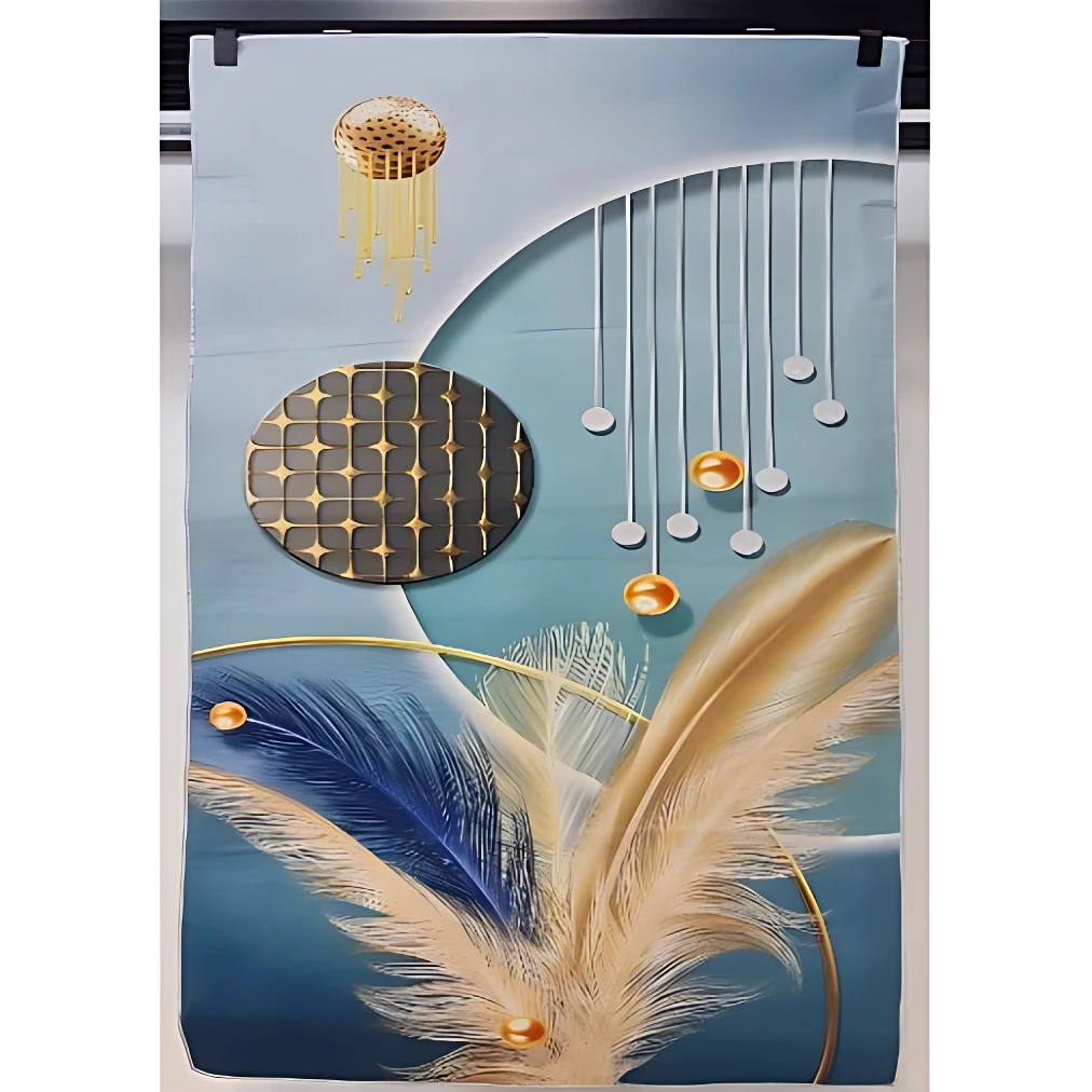 Alfombra tapete 3D piel de durazno con diseño abstracto en tonos azul, dorado y blanco, detalles de plumas y esferas colgantes.