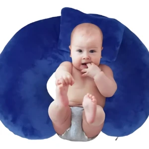 Almohada ergonómica en color azul marino con textura suave, diseñada para lactancia. Incluye soporte para bebé sentado, con forma de U y almohadilla central acolchada.