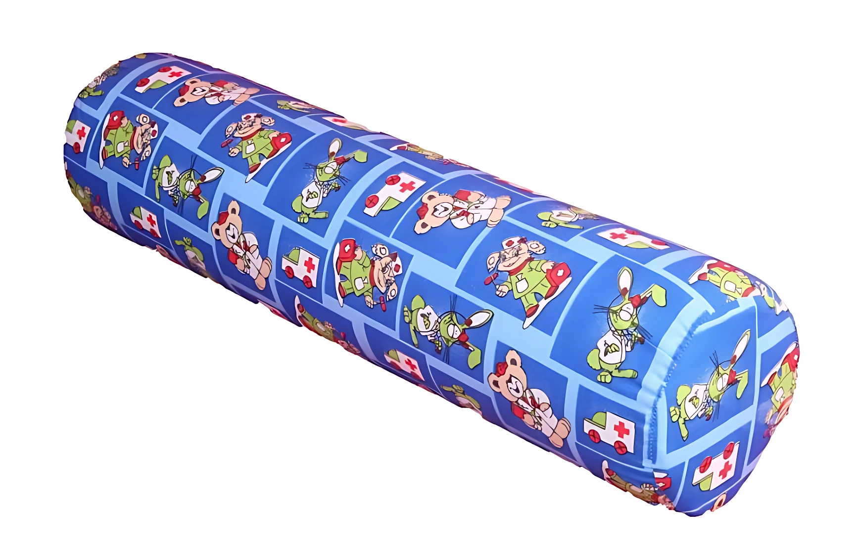 Almohada cilíndrica ortopédica azul con estampado de personajes infantiles, vista lateral completa sobre fondo blanco.