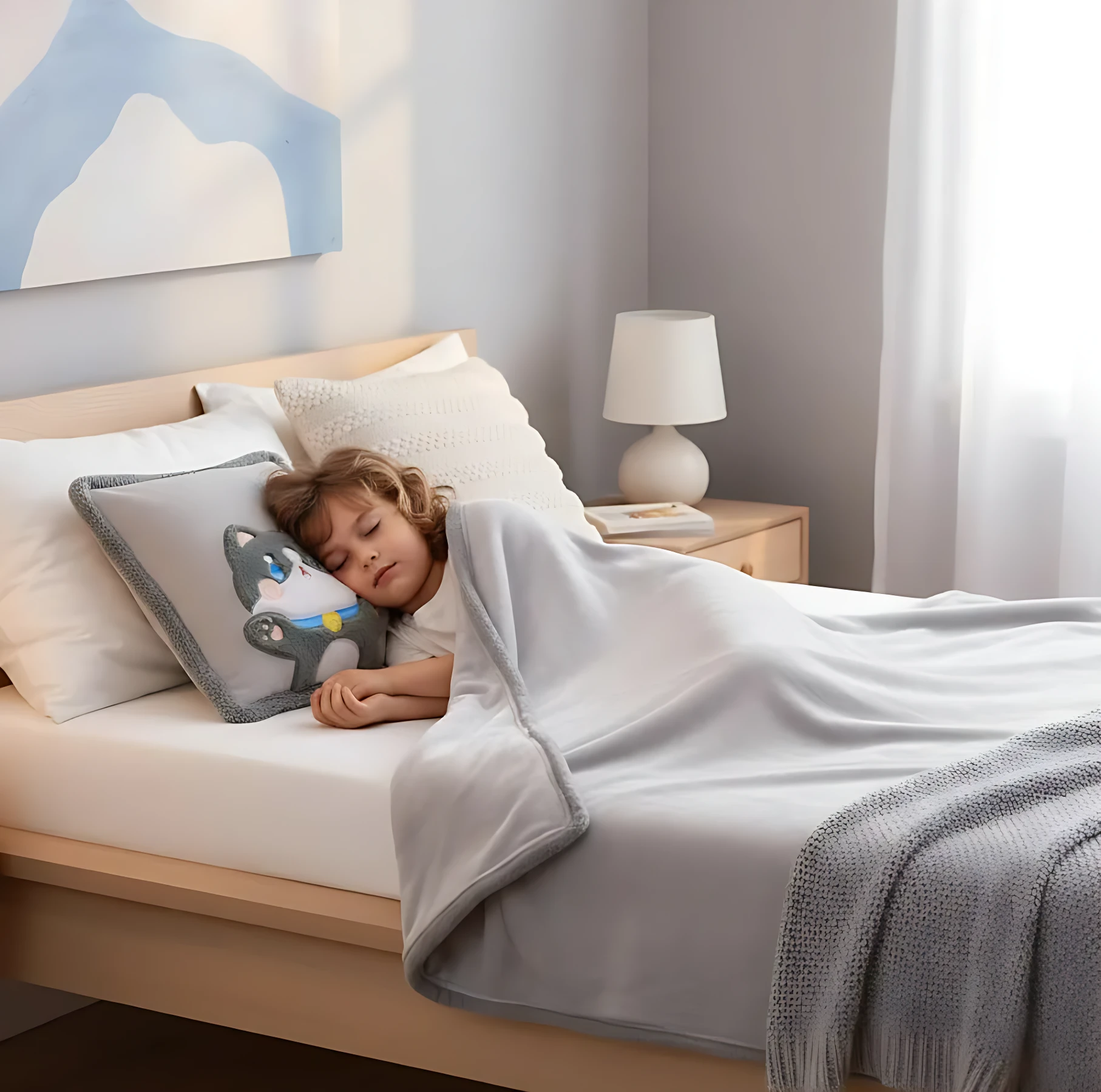 Niño durmiendo en cama con almohada gris de gato, cojín 3 en 1 para siestas y viajes, tela suave, diseño infantil, ambiente acogedor.
