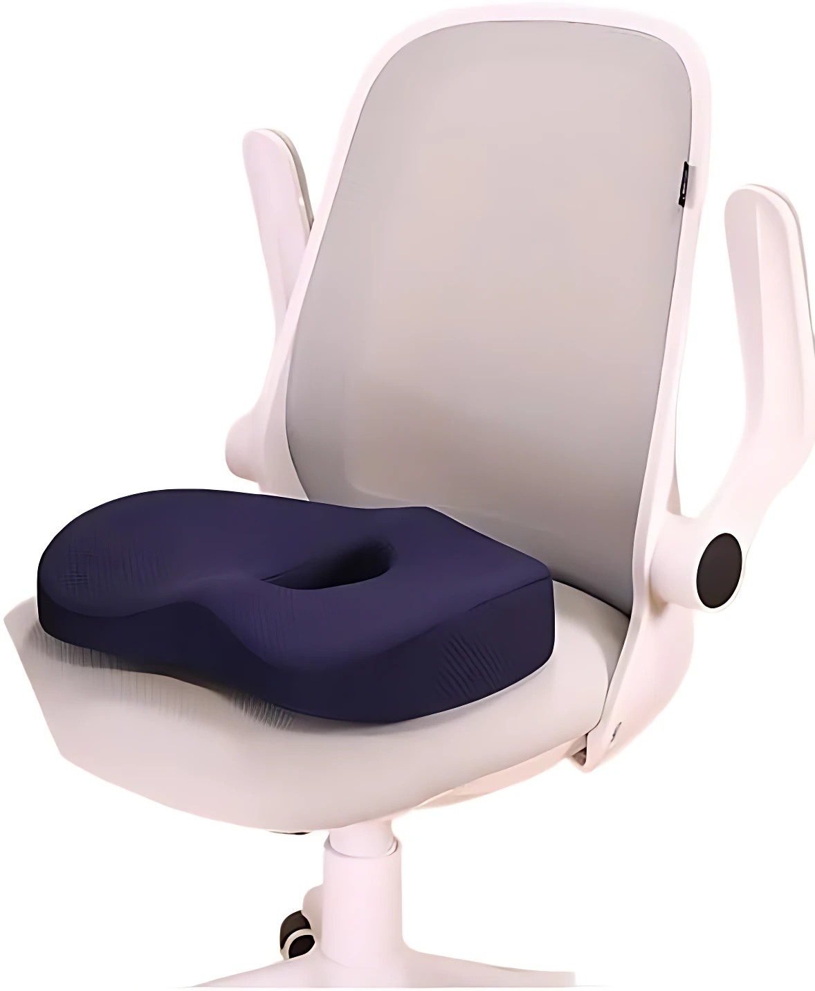 Cojín ergonómico azul oscuro con diseño abultado y base plana, colocado sobre asiento de silla de oficina blanca.