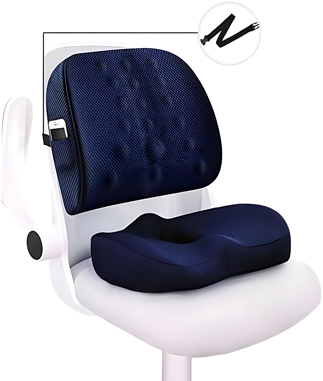 Cojín ergonómico azul oscuro con diseño abultado para aliviar presión en coxis, montado en silla blanca; incluye soporte lumbar y correa de sujeción visible.