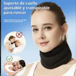Almohada cervical negra con soporte ajustable para dormir, mostrando modelo femenina usando el producto y dos íconos circulares que ilustran su función anti ronquidos.