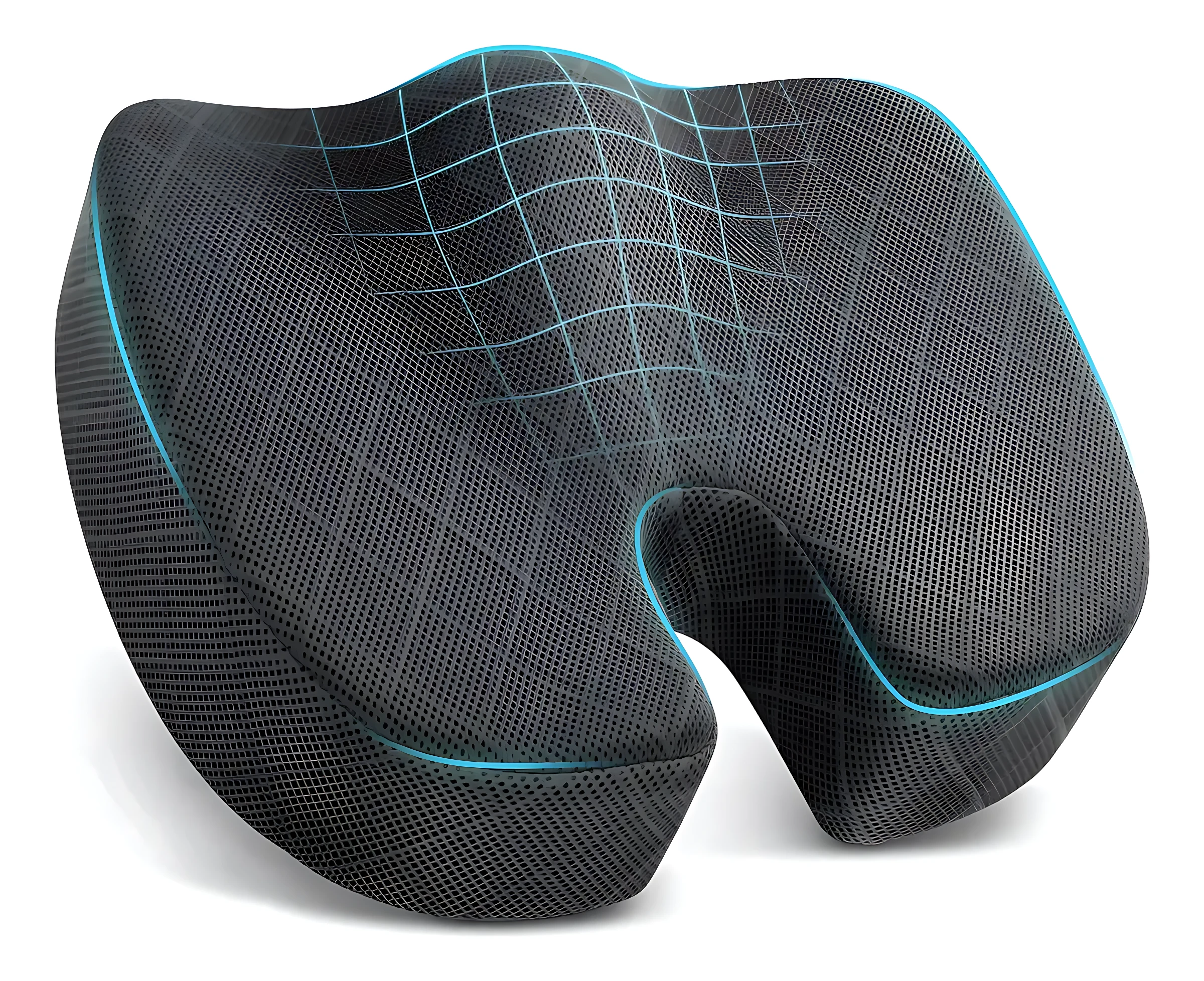 Almohada ortopédica ergonómica en color negro con malla texturizada y líneas azules que marcan su forma curvada para soporte lumbar.