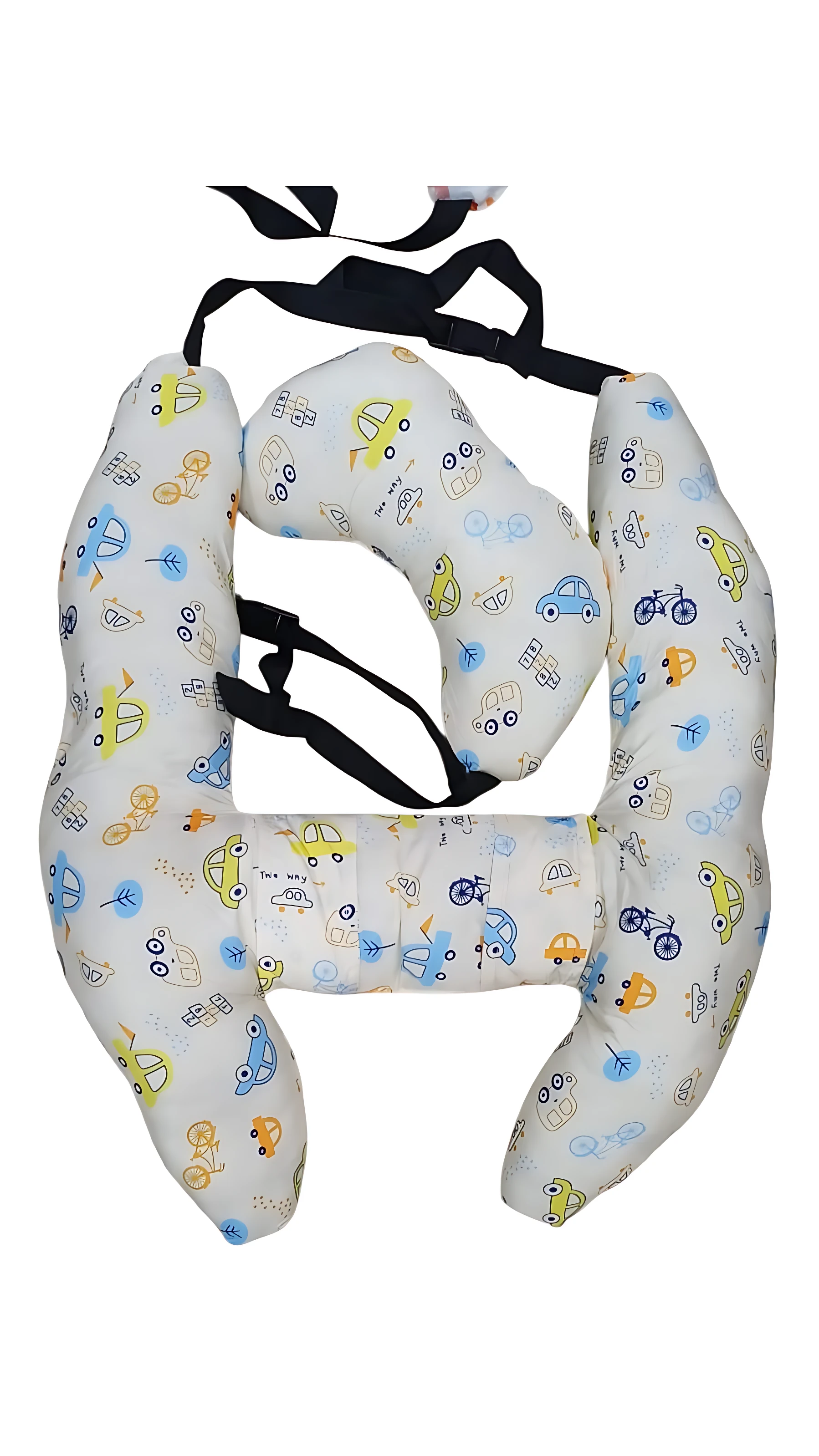 Cojín ergonómico H para bebé con soporte cervical, diseño con estampado de vehículos en colores pastel sobre fondo blanco, incluye correas negras ajustables.