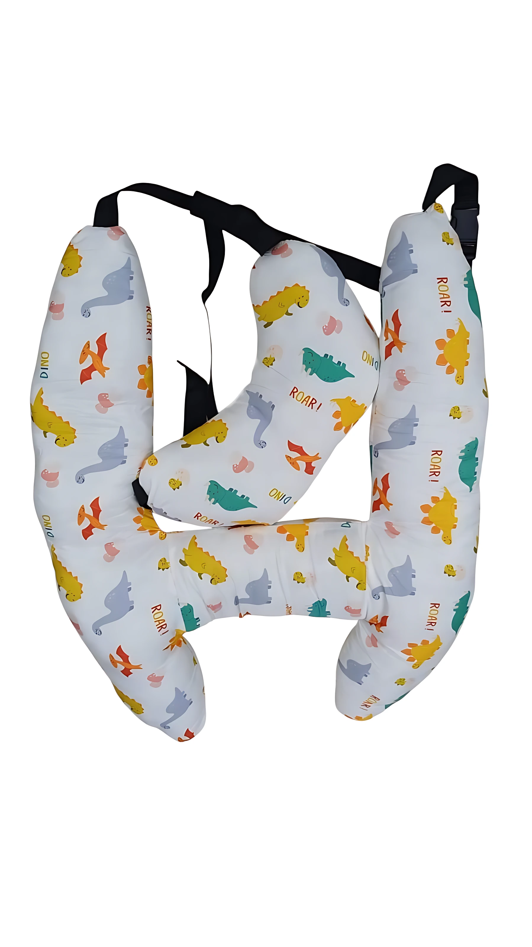 Cojín ergonómico H para bebé con soporte cervical, diseño de dinosaurios multicolor sobre fondo blanco, con correas negras ajustables.