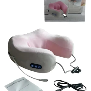 Almohada U-shaped en color gris con relleno rosa, incluye control remoto, cable de alimentación y manual. Presentada junto a su caja con modelo de uso.