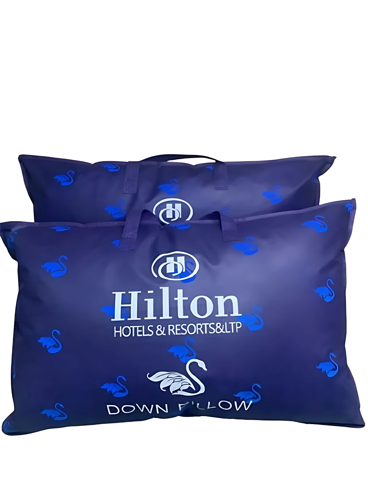 Almohada Hilton Down con relleno de plumas sintéticas, color azul oscuro, con logotipo y patrones de cisnes.
