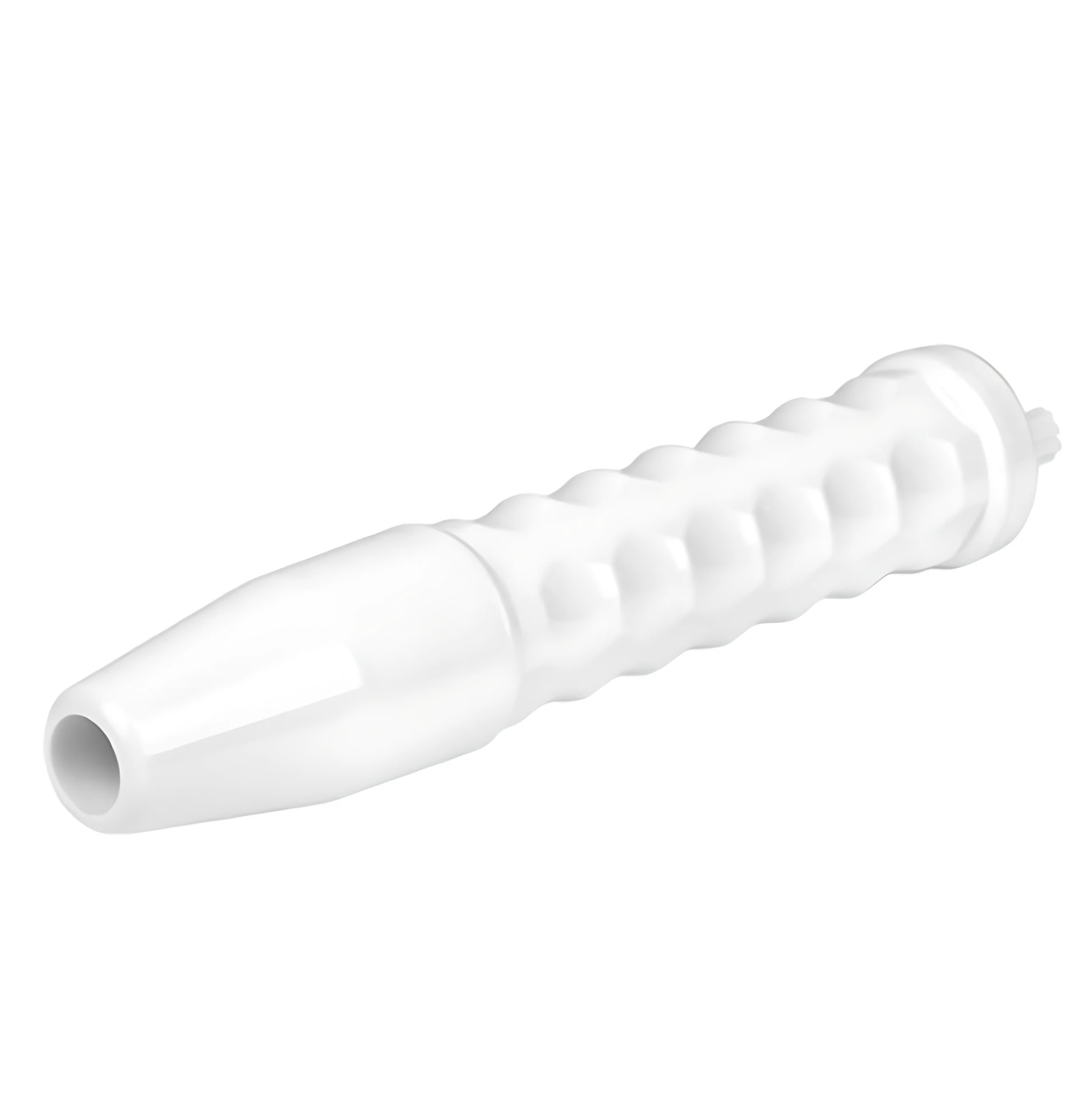 Dispositivo de alta frecuencia con electrodo blanco, textura ondulada y punta cilíndrica para tratamiento capilar y desinfección cutánea.
