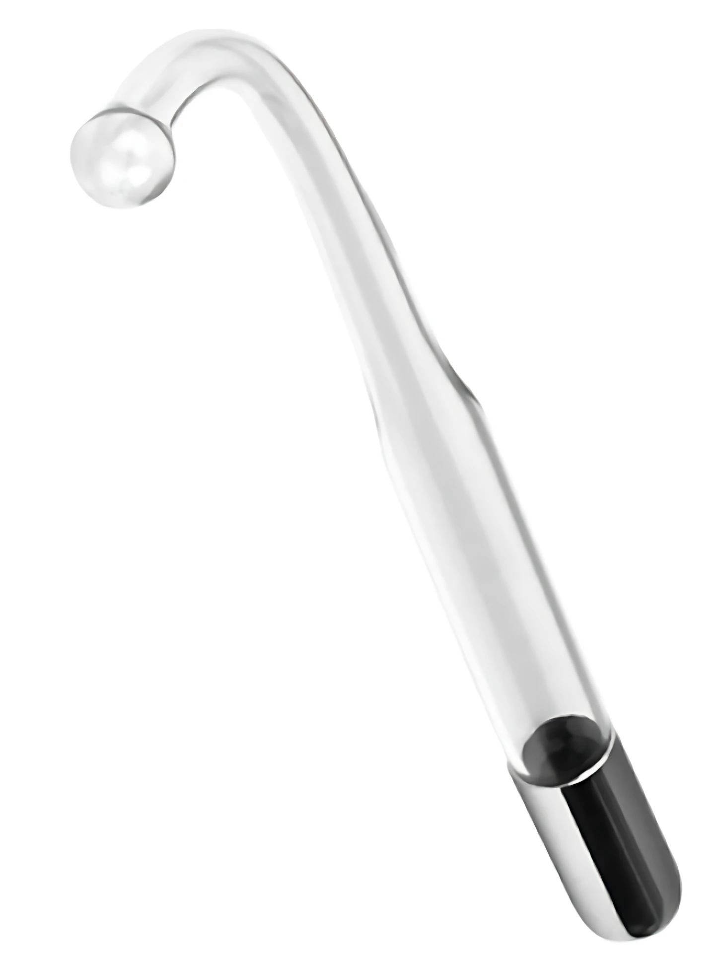 Dispositivo de alta frecuencia con mango curvo y extremo esférico, cuerpo transparente y base negra.