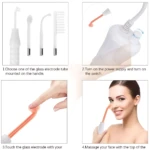 Instrucciones de uso del dispositivo de alta frecuencia con cuatro electrodos intercambiables, mostrando aplicación facial y ajuste manual.