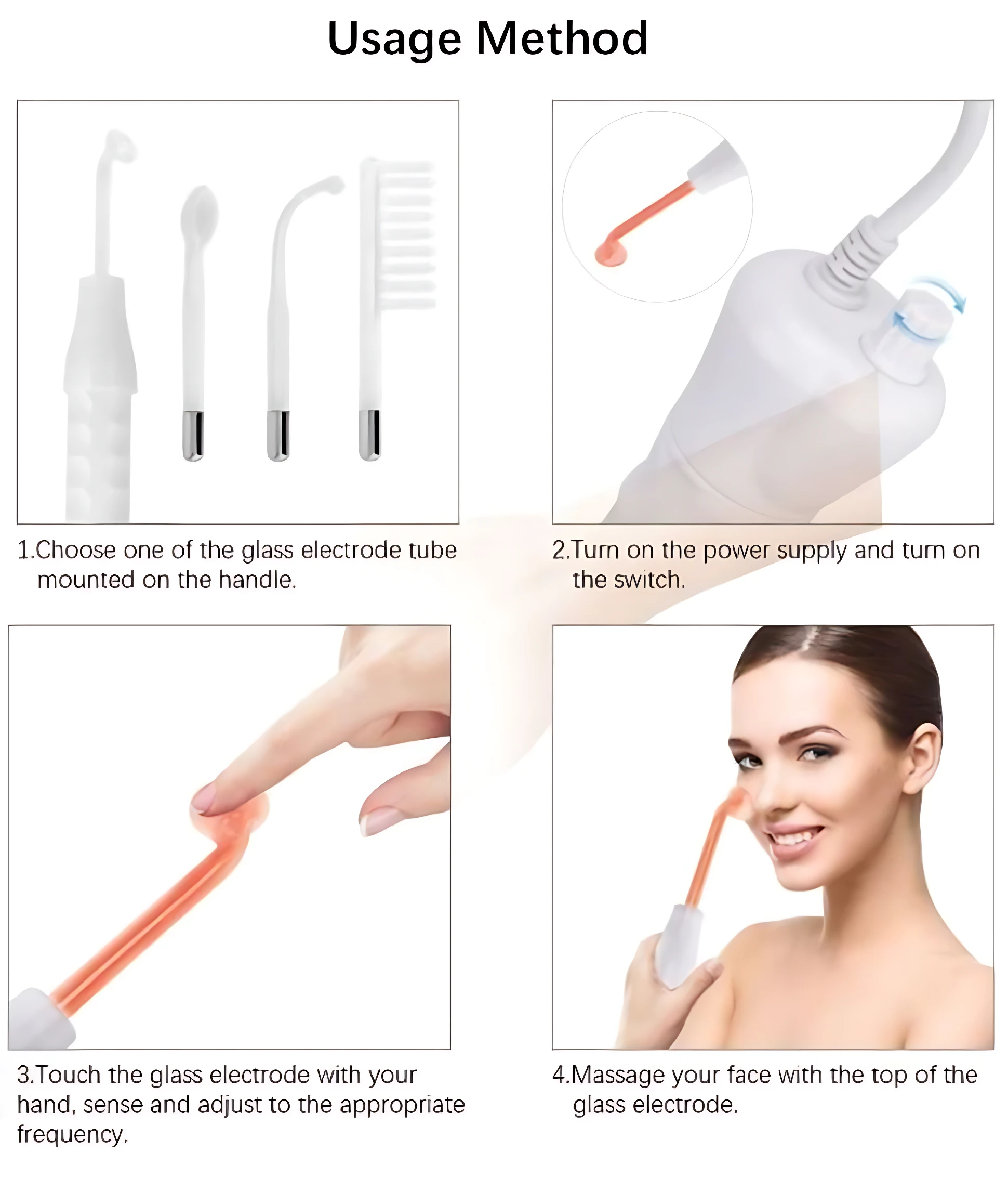 Instrucciones de uso del dispositivo de alta frecuencia con cuatro electrodos intercambiables, mostrando aplicación facial y ajuste manual.