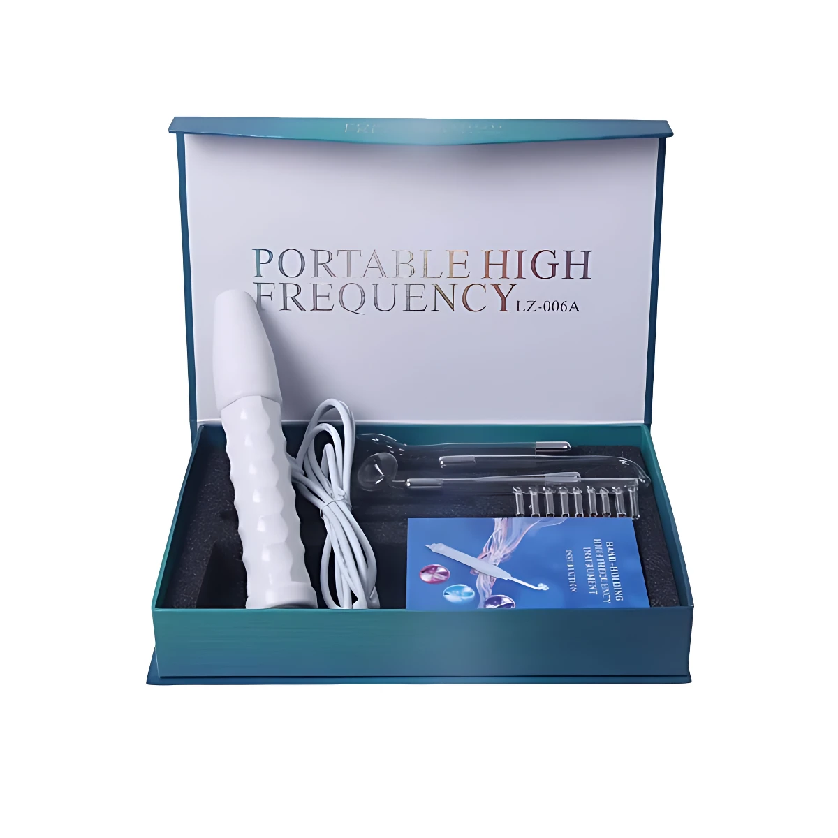 Caja abierta de color turquesa mostrando un dispositivo de alta frecuencia portátil blanco con mango texturizado, cable enrollado, accesorios y manual. Modelo LZ-006A.