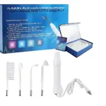 Dispositivo de alta frecuencia portátil en caja azul con accesorios blancos, cable y manual, para tratamiento facial y corporal.