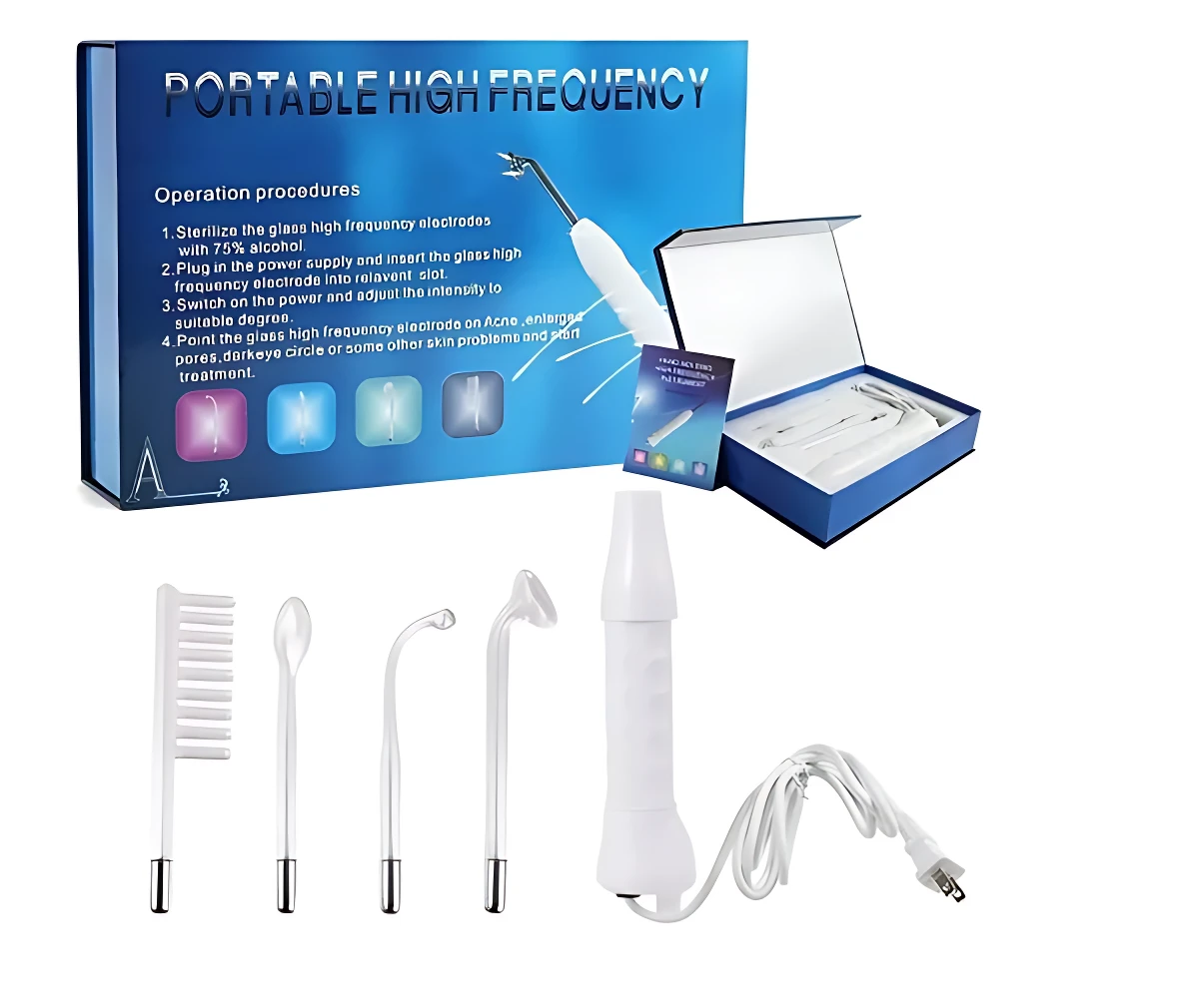Dispositivo de alta frecuencia portátil en caja azul con accesorios blancos, cable y manual, para tratamiento facial y corporal.
