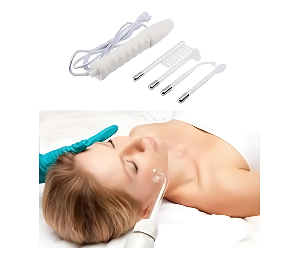 Dispositivo de alta frecuencia portátil en blanco con cuatro accesorios intercambiables, mostrando uso en rostro de mujer tumbada sobre toalla blanca.