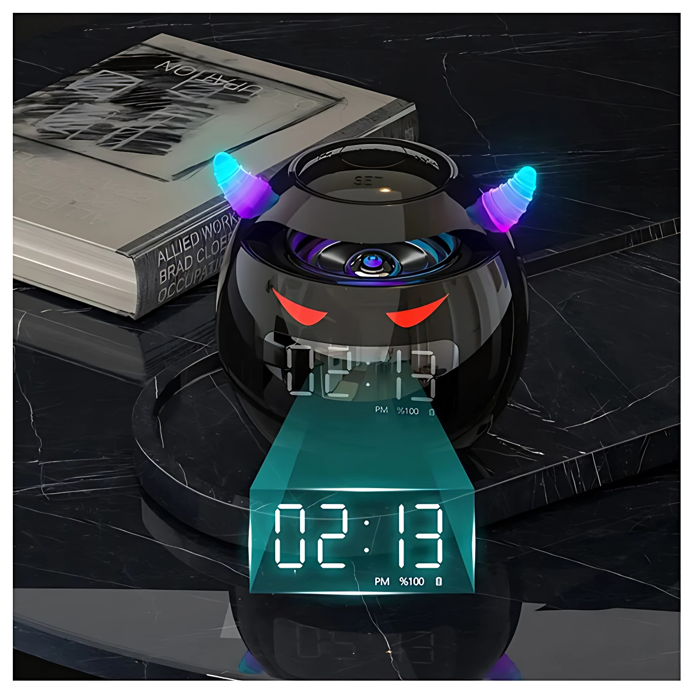Altavoz Bluetooth negro con forma de calavera, cuernos LED multicolor y pantalla digital mostrando hora 02:13, sobre superficie oscura junto a libro.