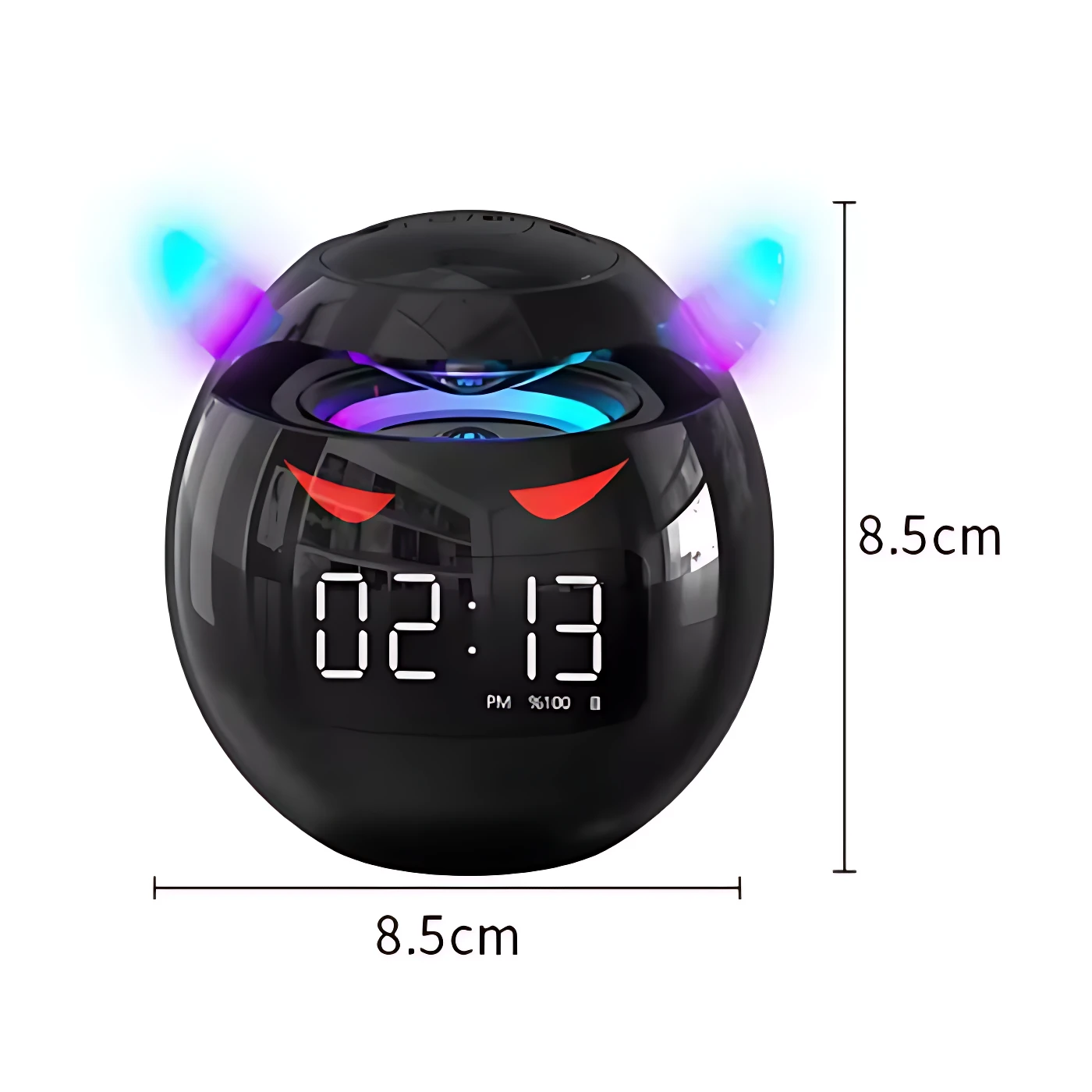 Altavoz Bluetooth negro esférico con pantalla LED mostrando hora, luces decorativas azules y rojas, dimensiones 8,5 cm por lado.