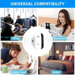 Repetidor WiFi blanco con antena externa, mostrando compatibilidad universal en oficina, dormitorio, sala y hotel mediante iconos de señal inalámbrica.