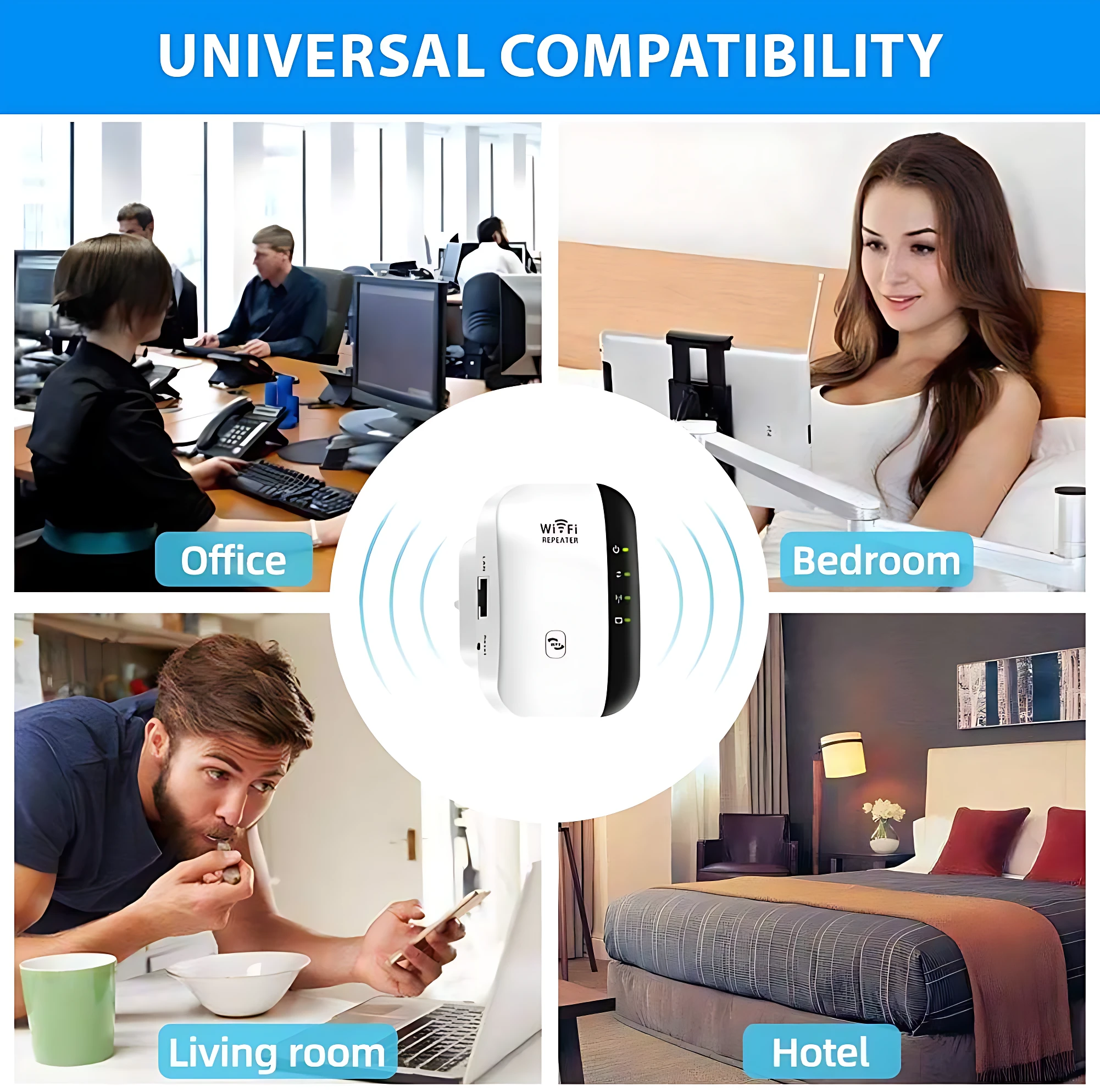 Repetidor WiFi blanco con antena externa, mostrando compatibilidad universal en oficina, dormitorio, sala y hotel mediante iconos de señal inalámbrica.