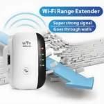 Repetidor WiFi blanco con panel negro, luces LED y antena interna; extiende señal a través de muros en técnica.