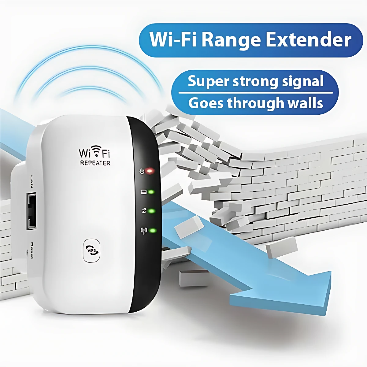Repetidor WiFi blanco con panel negro, luces LED y antena interna; extiende señal a través de muros en técnica.
