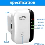 Repetidor WiFi blanco con puerto LAN, luces LED y botón WPS, mostrando especificaciones técnicas en vista lateral.