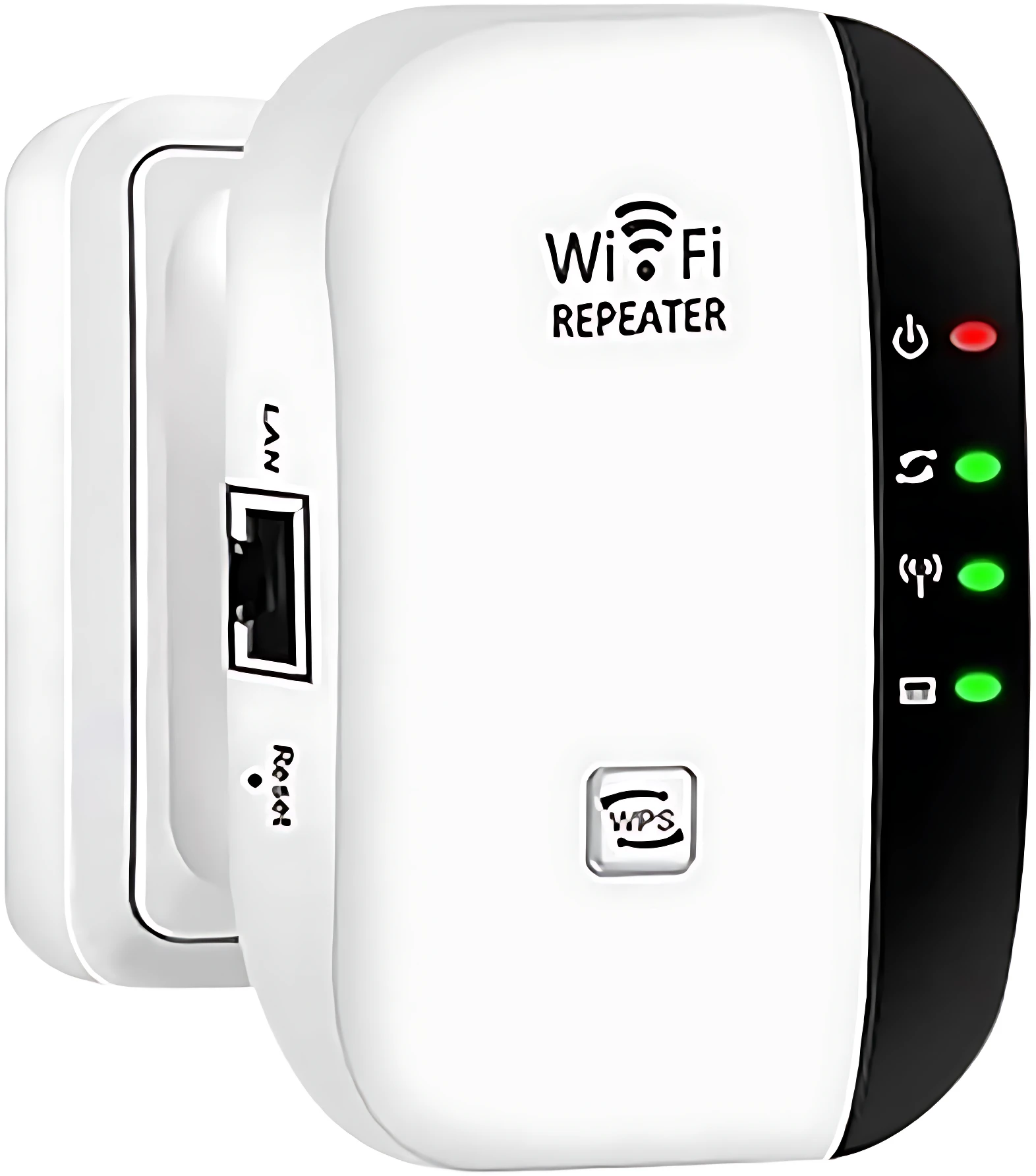 Repetidor WiFi blanco con panel negro, puerto LAN y luces de estado, mostrando dos unidades apiladas.