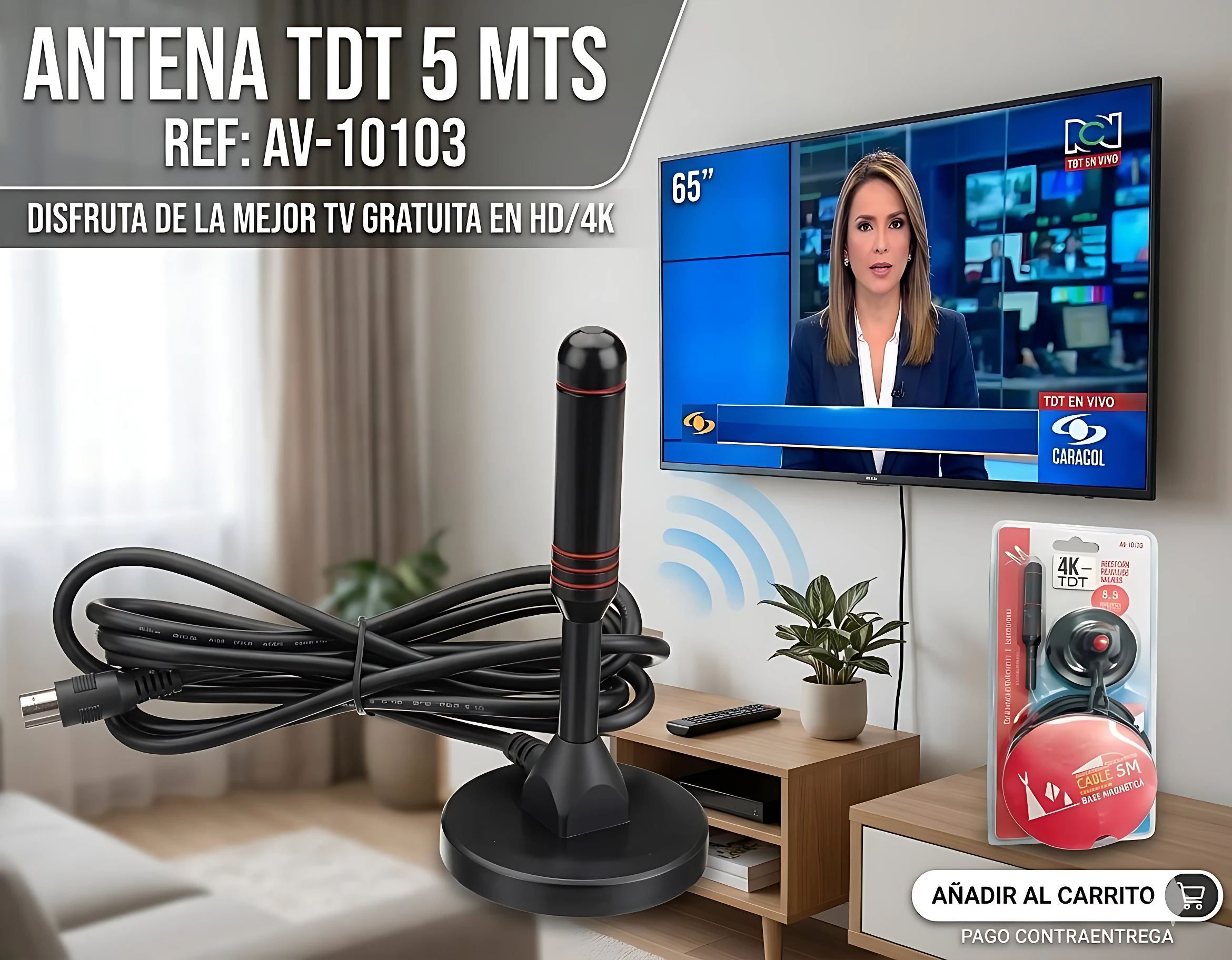 Antena digital TDT base magnética negra con cable de 5 metros, mostrada en primer plano junto a televisor encendido y accesorios incluidos.