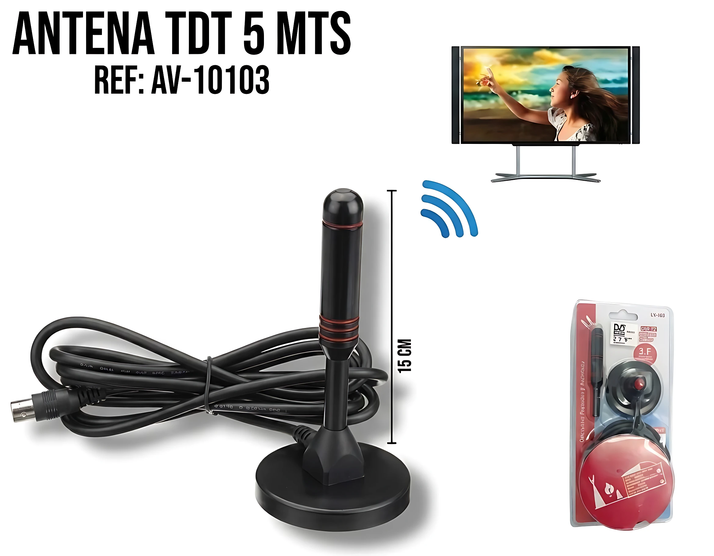 Antena digital TDT base magnética negra con cable de 5 metros, incluye adaptador y soporte para TV.