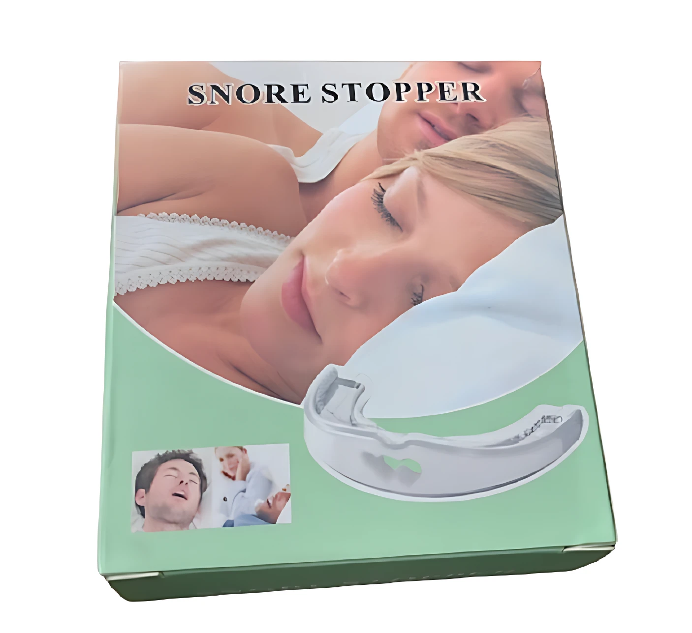 Protector bucal antironquidos en caja verde claro, con pareja durmiendo y dispositivo blanco visible. Incluye dos unidades para uso compartido.