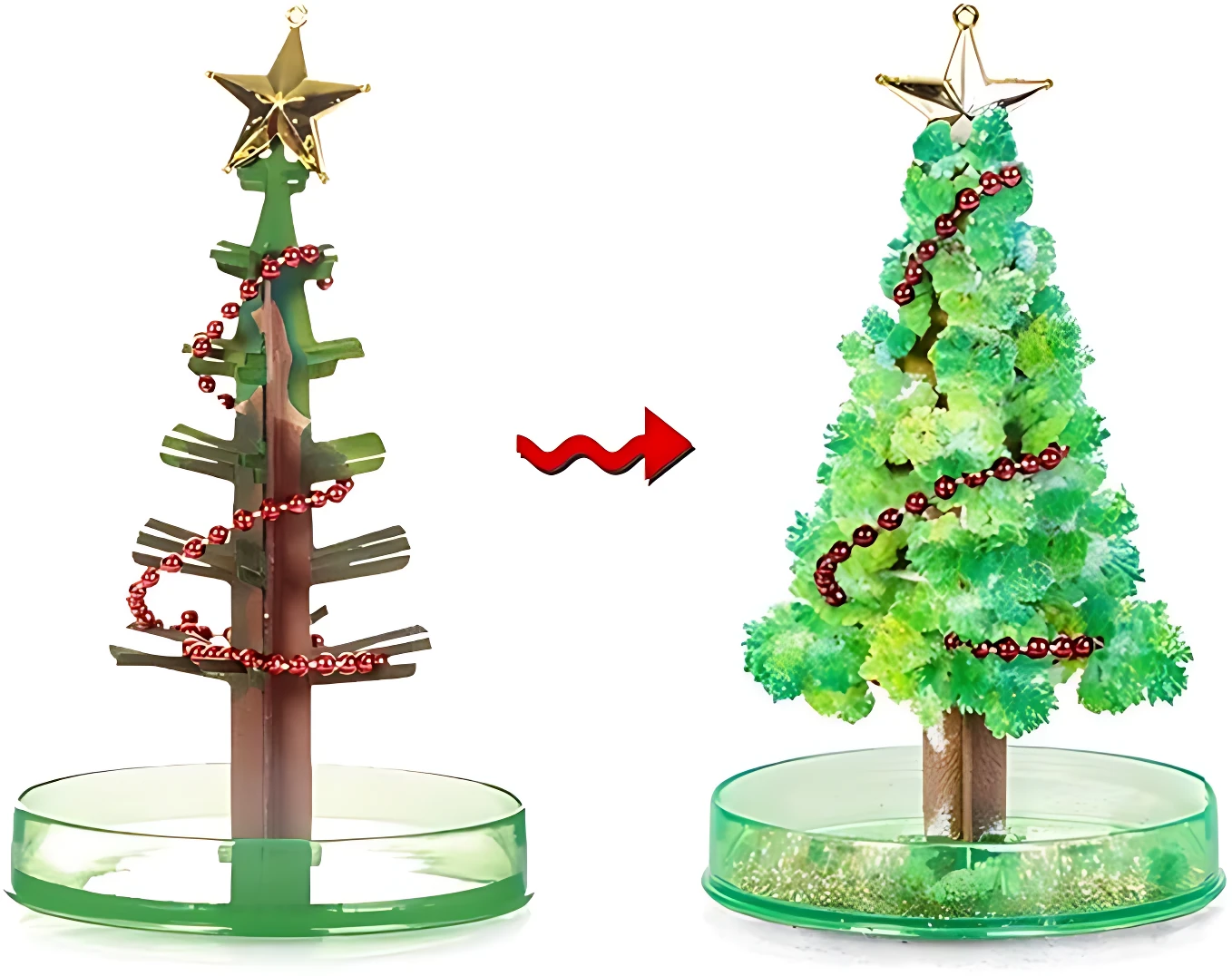 Arbolito de Navidad mágico en dos etapas: estructura base con ramas verdes y estrella dorada, y versión final con follaje texturizado y guirnaldas rojas sobre base transparente.