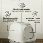 Arenero mediano blanco con tapa y puerta de malla, sobre estera antideslizante; incluye filtro de carbón activado y sistema de contención para arena y desechos.