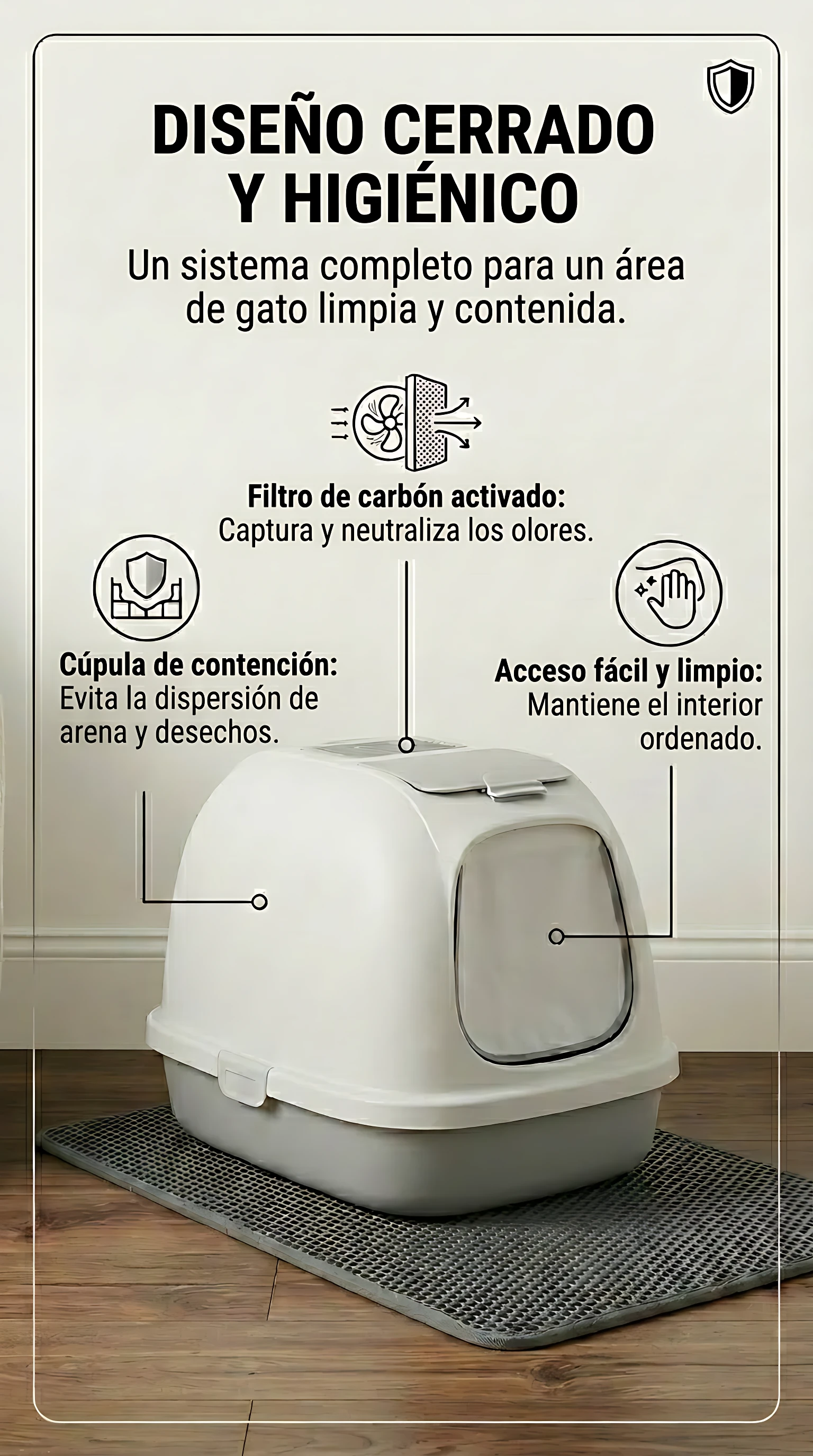 Arenero mediano blanco con tapa y puerta de malla, sobre estera antideslizante; incluye filtro de carbón activado y sistema de contención para arena y desechos.