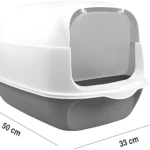 Arenero mediano blanco y gris con tapa y entrada arqueada, dimensiones 50 x 33 x 35 cm, ideal para gatos.