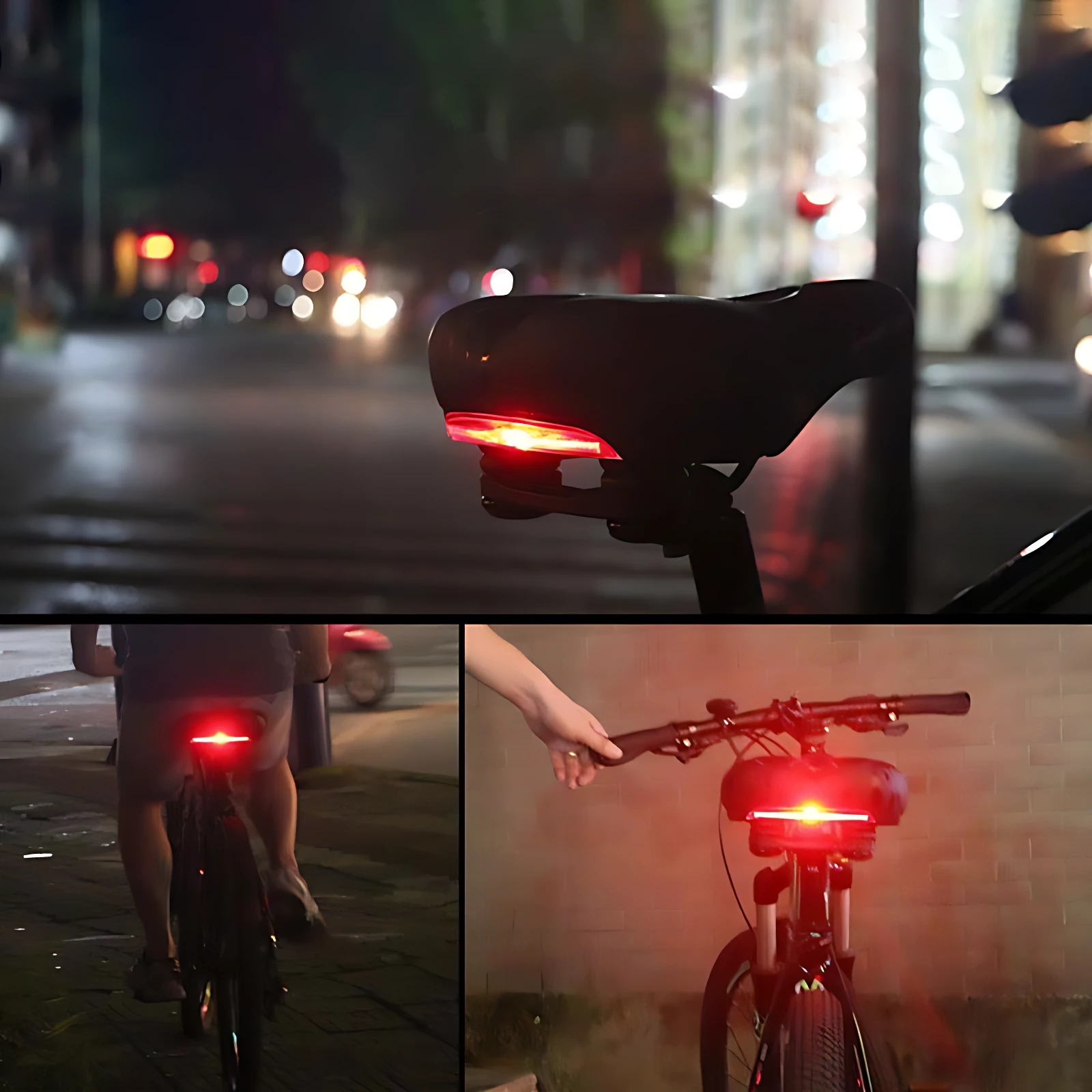 Asiento ergonómico de espuma memoria para bicicleta con luz LED roja trasera, mostrando instalación en sillín y uso nocturno en ciudad.