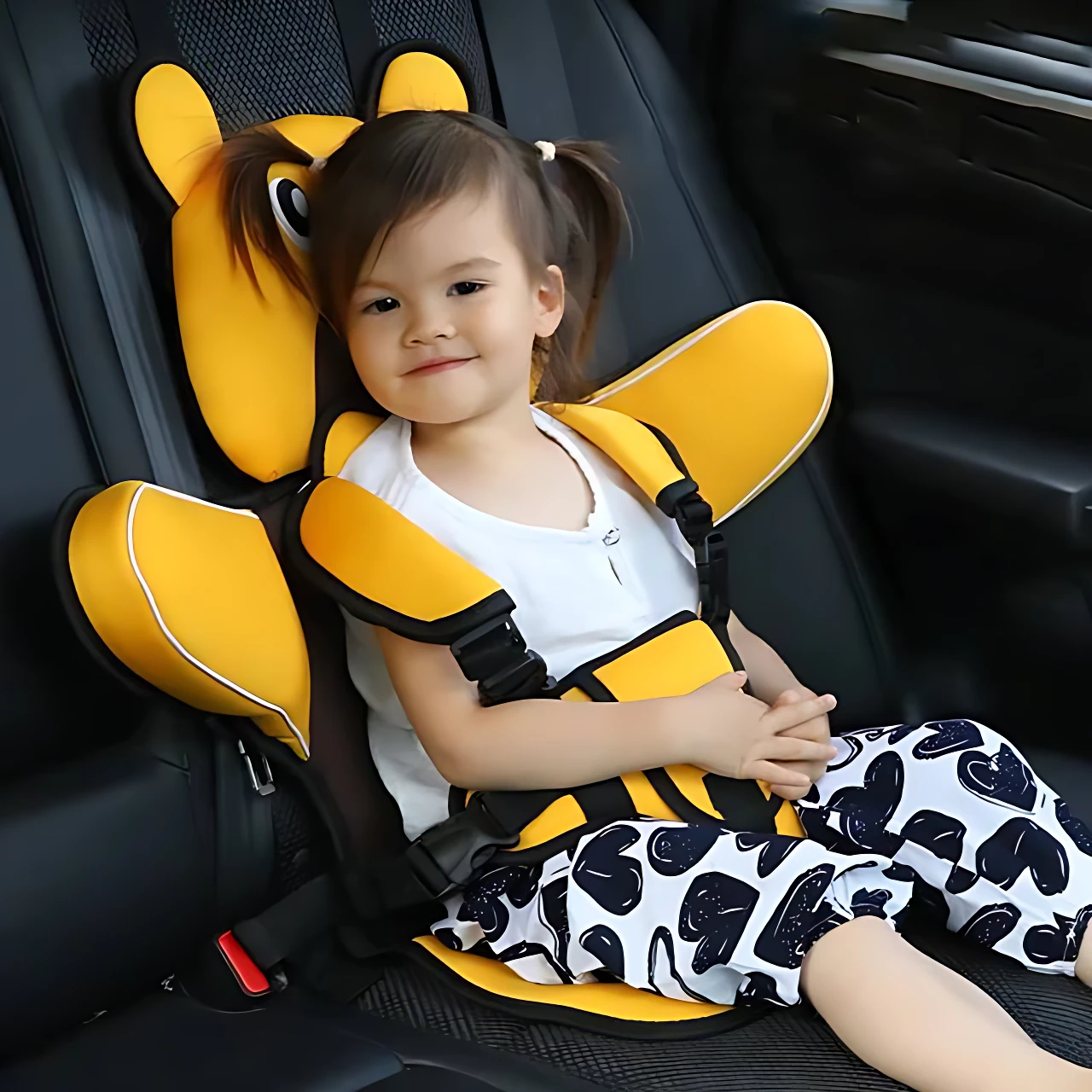 Niña pequeña en asiento de seguridad amarillo con forma de animal, instalado en auto, con arnés negro y detalles blancos.