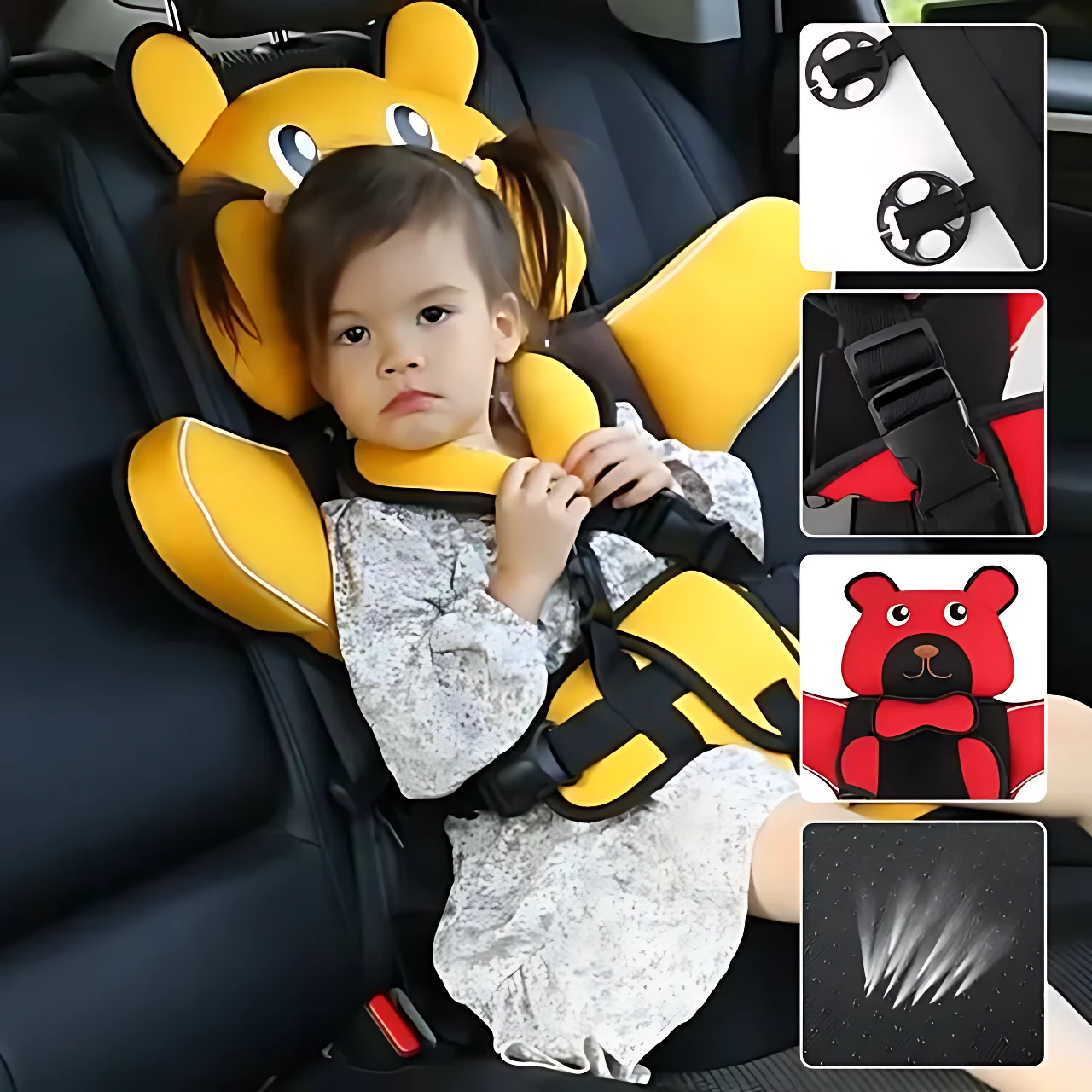Asiento seguridad portátil amarillo con forma de oso, usado por niña pequeña en auto. Incluye detalles de ajuste, correa y variante roja.