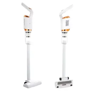 Aspiradora inalámbrica blanca con mango ergonómico y base de limpieza, mostrada en dos ángulos frente a fondo blanco.