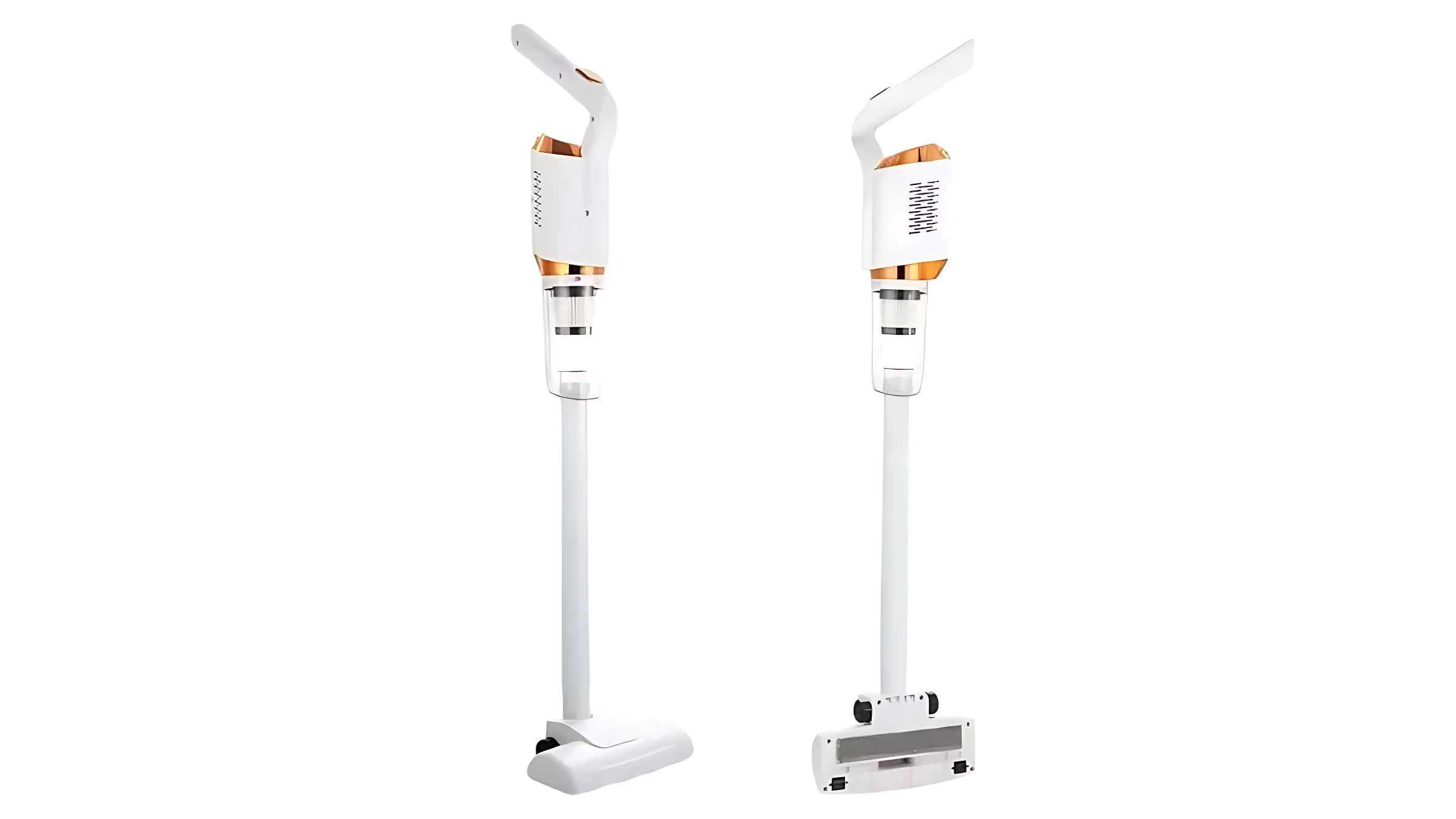 Aspiradora inalámbrica blanca con mango ergonómico y base de limpieza, mostrada en dos ángulos frente a fondo blanco.
