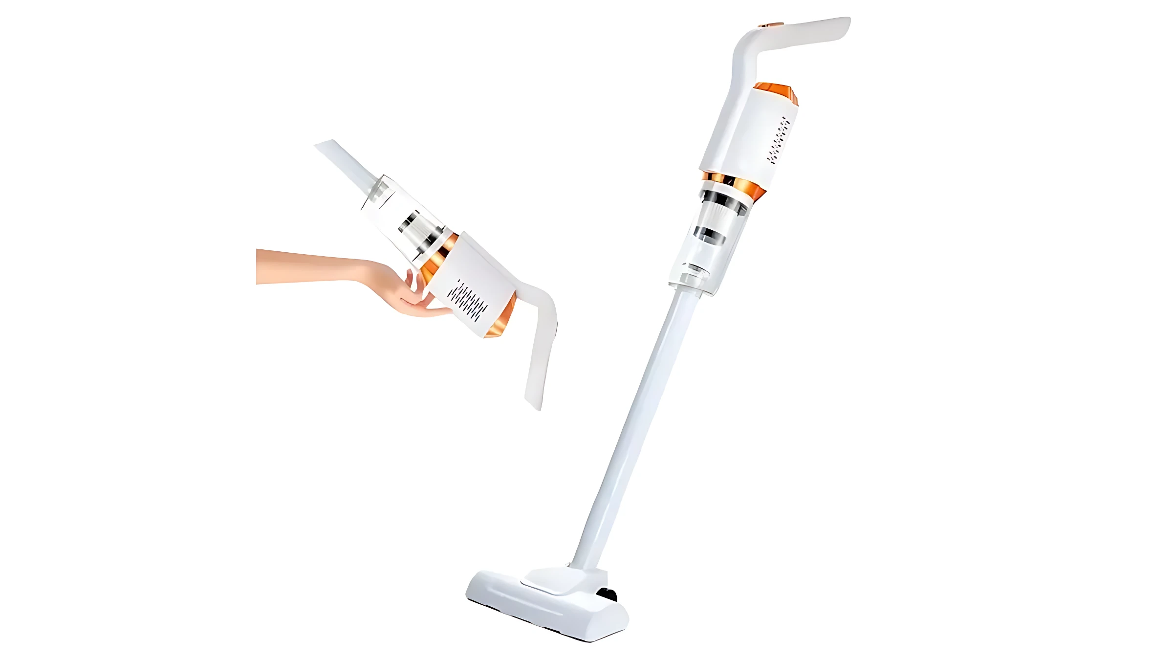 Aspiradora inalámbrica blanca con detalles naranjas, vista frontal y lateral, mostrando mango ergonómico y base de limpieza para alfombras y tapicería.