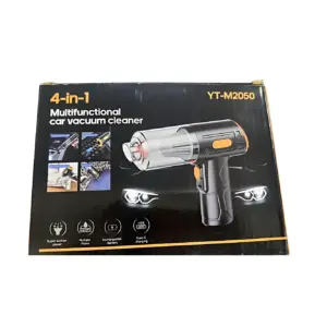Caja negra del aspirador portátil YT-M2050, con mango ergonómico en gris y naranja, depósito transparente y luces frontales. Incluye accesorios para limpieza de coche y hogar.