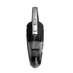 Aspiradora portátil inalámbrica en color negro con detalles plateados, vista frontal que muestra el depósito transparente y el panel de control superior.