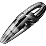 Aspiradora portátil inalámbrica en color negro con cuerpo translúcido, mango ergonómico y depósito de polvo visible, diseñada para limpieza de hogar y vehículo.