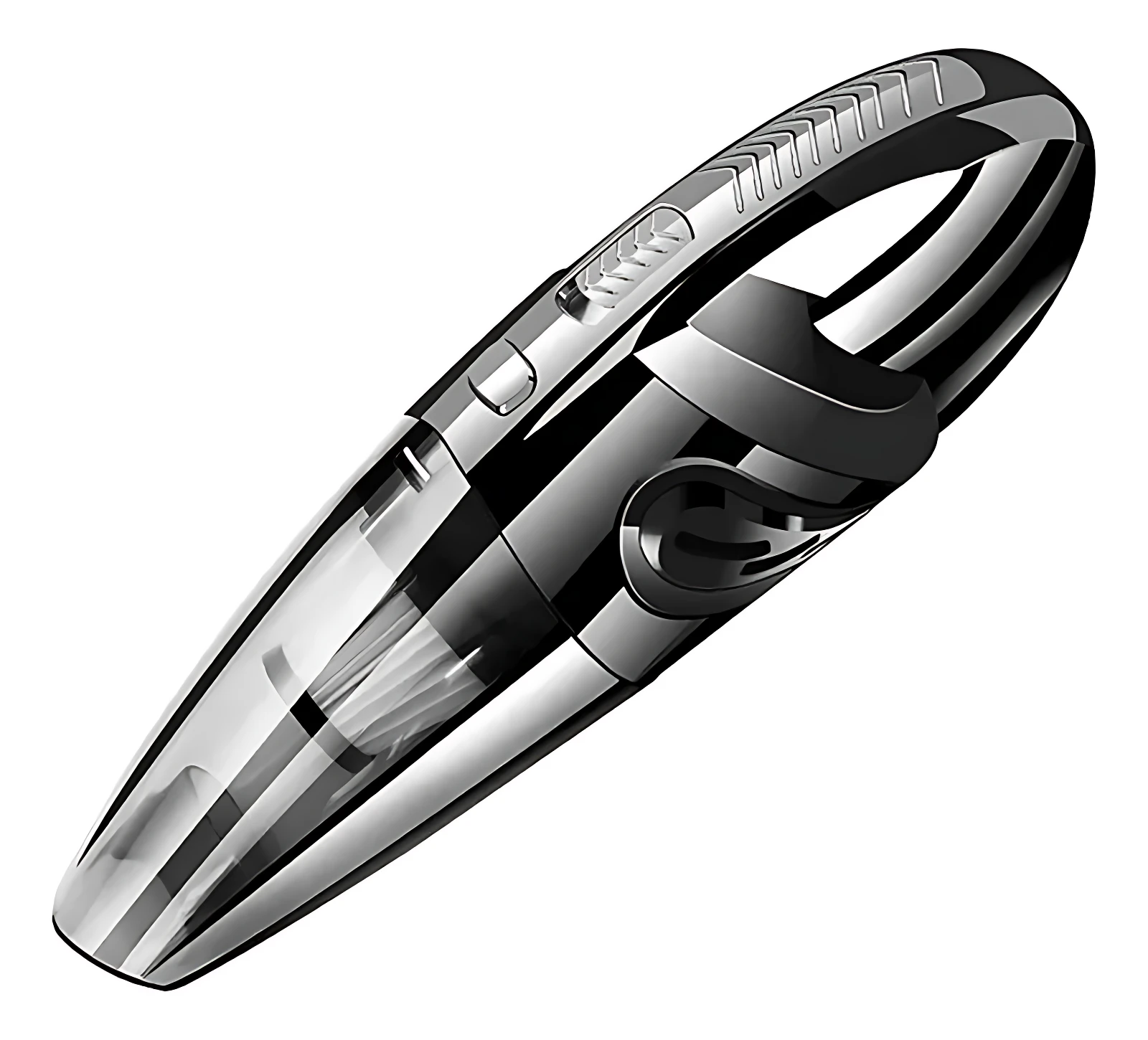 Aspiradora portátil inalámbrica en color negro con cuerpo translúcido, mango ergonómico y depósito de polvo visible, diseñada para limpieza de hogar y vehículo.