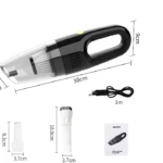 Aspiradora portátil inalámbrica negra con mango ergonómico, dimensiones de 30 cm de largo, 9 cm de alto y 5.8 cm de ancho. Incluye cable USB de 1 metro, cepillo motorizado blanco de 18.8 cm y manual de instrucciones.