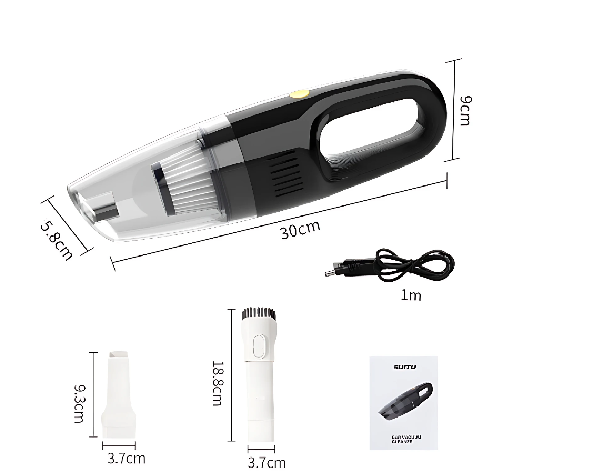 Aspiradora portátil inalámbrica negra con mango ergonómico, dimensiones de 30 cm de largo, 9 cm de alto y 5.8 cm de ancho. Incluye cable USB de 1 metro, cepillo motorizado blanco de 18.8 cm y manual de instrucciones.